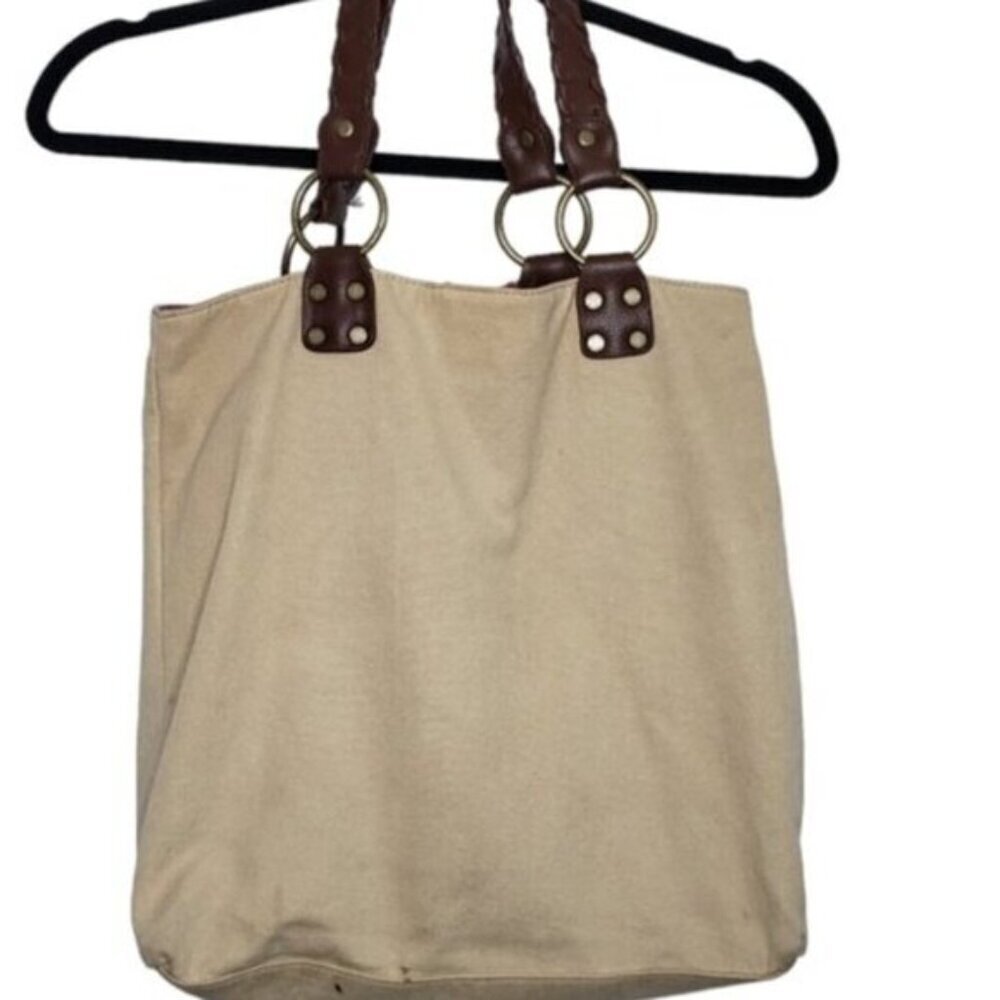 🔷Levi's Shoulder Tote Bag Double Handle Snap Close Beige Cream Cotton